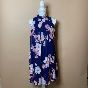 Floral Box Dress With Elegant Neck Tie
